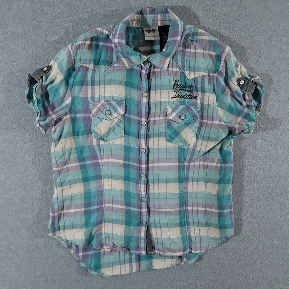 Harley Davidson Button Snap Shirt Womens L Short Sleeve Blue Plaid Logo